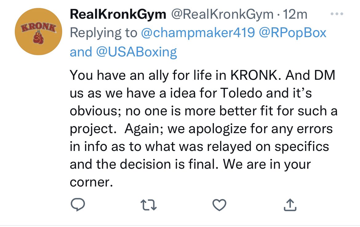 champmaker419's tweet photo. This is what boxing is all about. We talked it out and handled the situation. @RealKronkGym https://t.co/hfRPTi70eh