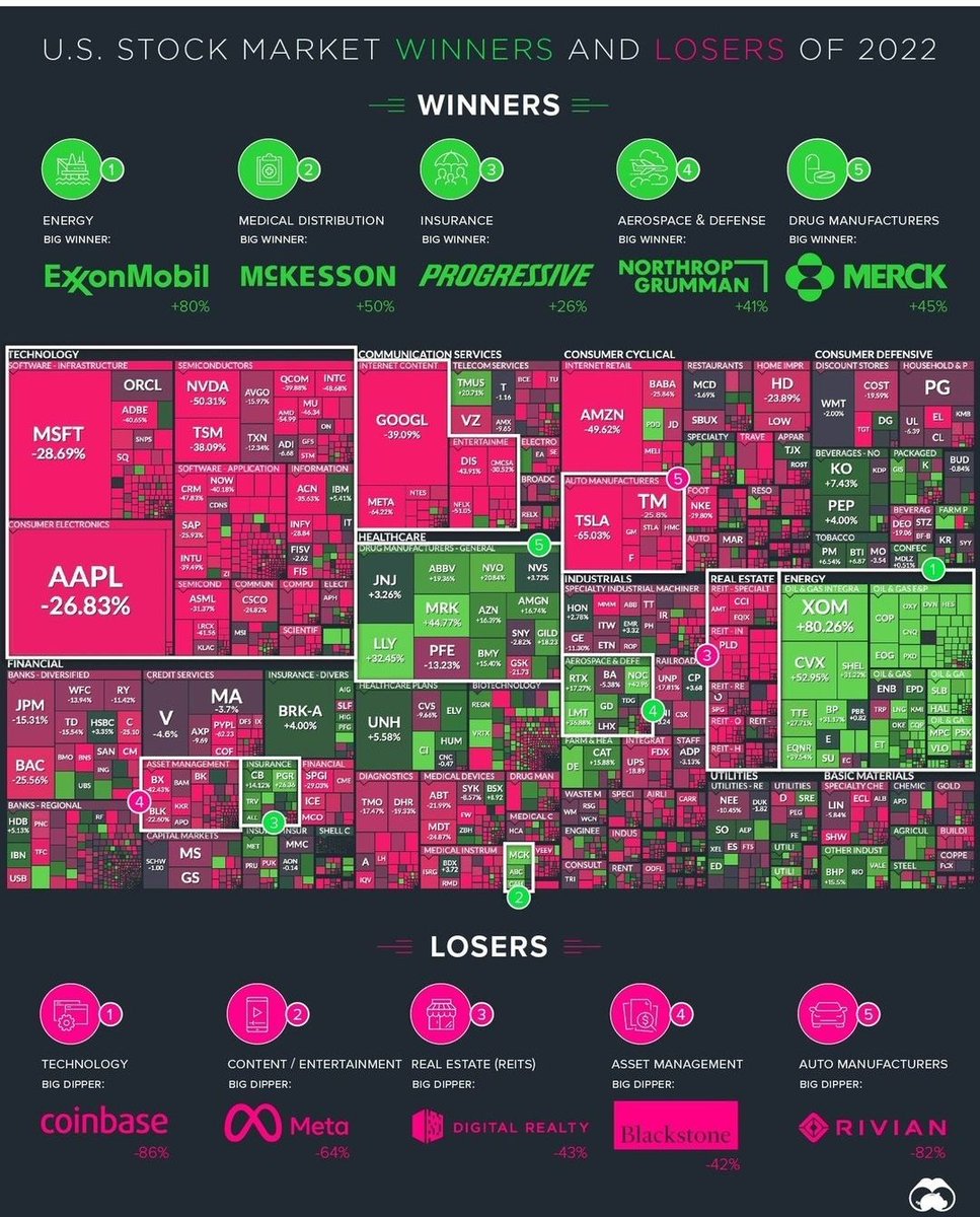 sinziana300's tweet image. Winners and losers of Stock Market 2022 📈📉
#datageek #DataAnalytics @VisualCap