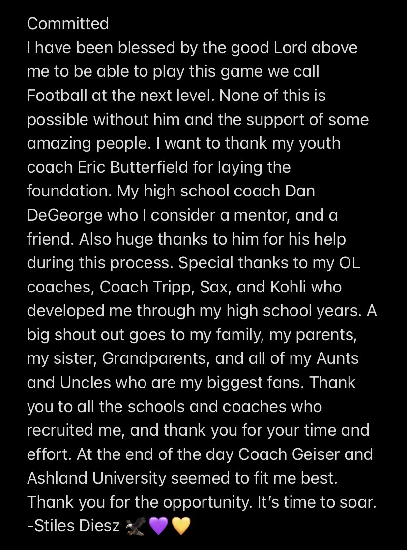 Stiles_Diesz's tweet photo. I am excited and proud to announce that I am 110% fully committed to the University of Ashland to continue my academic and athletic career. @LakeCoachD @StreaksFootball @Lake_Athletics @coach_geiser @AshlandFB GO EAGLES 🦅🟪🟨 https://t.co/mi9FwYrb60