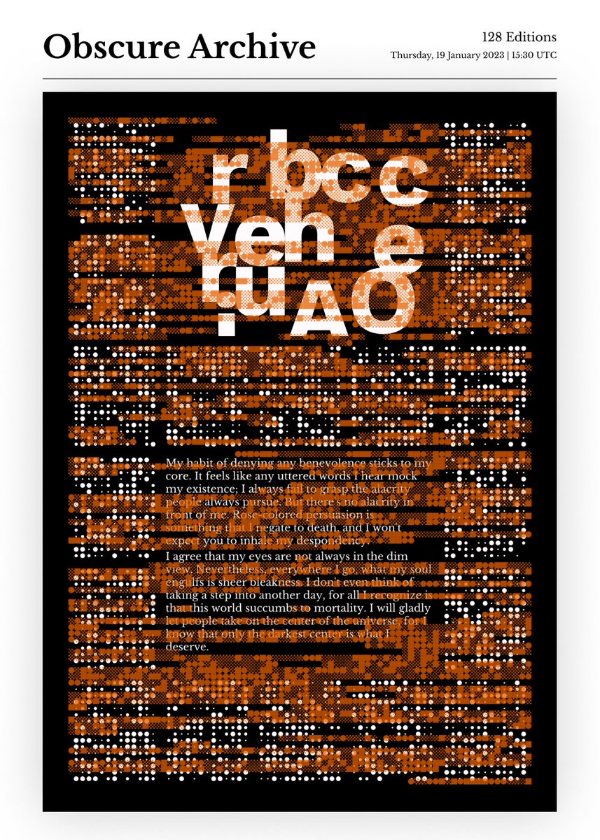 Obscure Archive

128 editions
19 January 2023, 15:30 UTC
DA 5 > 3 xtz

details below 🪡

#fxhash #genart #creativecoding #p5js