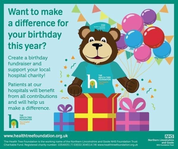 Is it your Birthday soon?
If you have a birthday coming up, have you thought about a birthday fundraiser? It will be a great way to celebrate your special day as well as supporting your local hospital.

Contact us:hello@healthtreefoundation.org.uk
