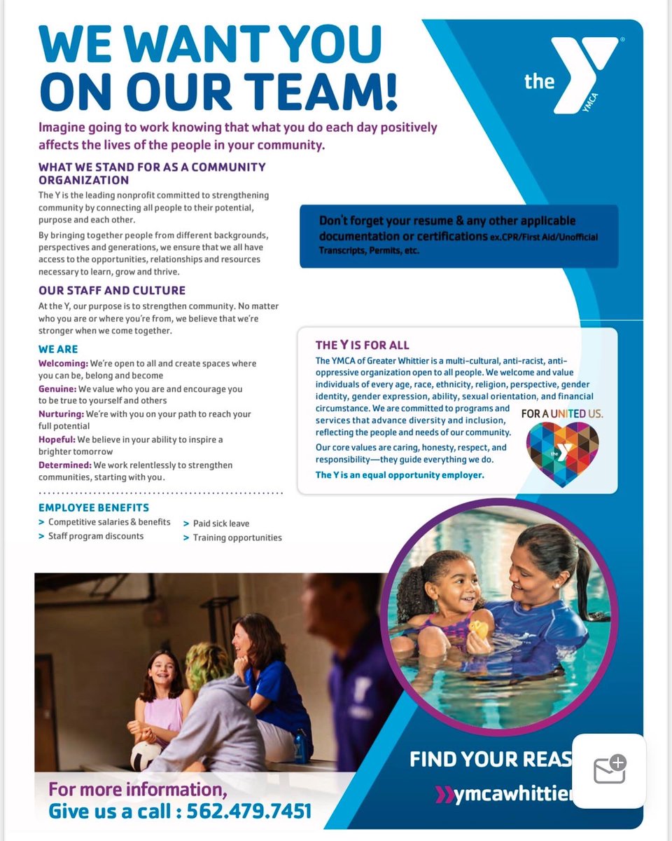 Are you ready to #FINDYOURY. Find your purpose at our Hiring Fair from 9 am - 12 pm &amp; 4pm - 7 pm. TODAY!!! At Uptown Whittier YMCA