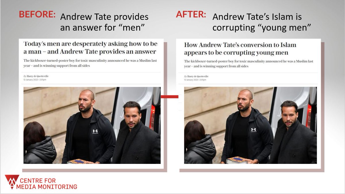 The Centre for Media Monitoring (CfMM) (@cfmmuk) on Twitter photo Why did the <a href="/Telegraph/">The Telegraph</a> change its headline from a general portrayal of #AndrewTate influence on men to an Islam specific headline, suggesting his conversion was "corrupting" young men? Why did the <a href="/Telegraph/">The Telegraph</a> change its headline from a general portrayal of #AndrewTate influence on men to an Islam specific headline, suggesting his conversion was "corrupting" young men?