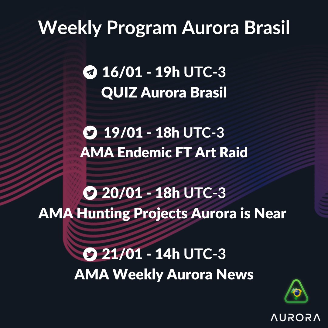 BrasilAurora's tweet photo. See this week's @BrasilAurora events⚡️

🔷16/01 - 19h UTC-3
QUIZ Aurora Brasil
🔷19/01 - 18h UTC-3
AMA Endemic Art Raid
🔷20/01 - 18h UTC-3
AMA Hunting Projects Aurora is Near 
🔷21/01 - 14h UTC-3
AMA  Weekly News Stream

🟢 Below the links⤵️ Activate the reminder!⏰ https://t.co/BS6EAK2JD2