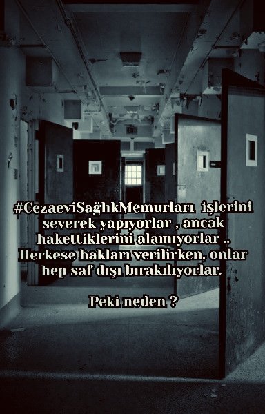 Hakettiğimiz değeri en kısa zamanda vereceğinizin müjdesini bekliyoruz.
 CezaeviSaglikcilarUnutuldu
<a href="/bybekirbozdag/">Bekir  Bozdağ</a> <a href="/dbdevletbahceli/">Devlet Bahçeli</a> <a href="/RTErdogan/">Recep Tayyip Erdoğan</a> <a href="/ctekurumsal/">Ceza ve Tevkifevleri Genel Müdürlüğü</a> <a href="/YavuzEnis/">Enis Yavuz Yıldırım</a> <a href="/hasanakceviz/">Hasan AKCEVİZ</a> <a href="/cahitcihadsari/">Cahit Cihad SARI</a> @burakceyhan3
<a href="/fserkang/">Fatih Serkan GÜNAYDIN</a>