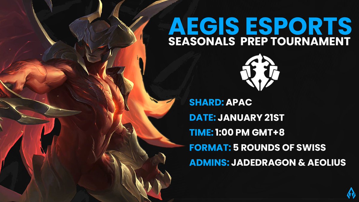 AegisEsportsLoR's tweet photo. Calling all APAC players! Looking for a way to test your skills before the World Ender Seasonals?

Join us 1/21 for our prep tournament! 5 rounds of swiss to test your lineup against the top players in APAC.

Admins: @JadeDragonSS, @Aeolius_LoR 

Join now: https://t.co/STgQt8u9wV https://t.co/x9hkzhZrMf