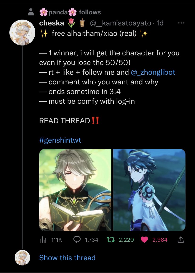 repson123's tweet photo. @__kamisatoayato @_zhonglibot Xiao bc I lost the 50/50 to QiQi last lantern rite :( thanks for giveaway 🙏 https://t.co/liJAkdHRK5
