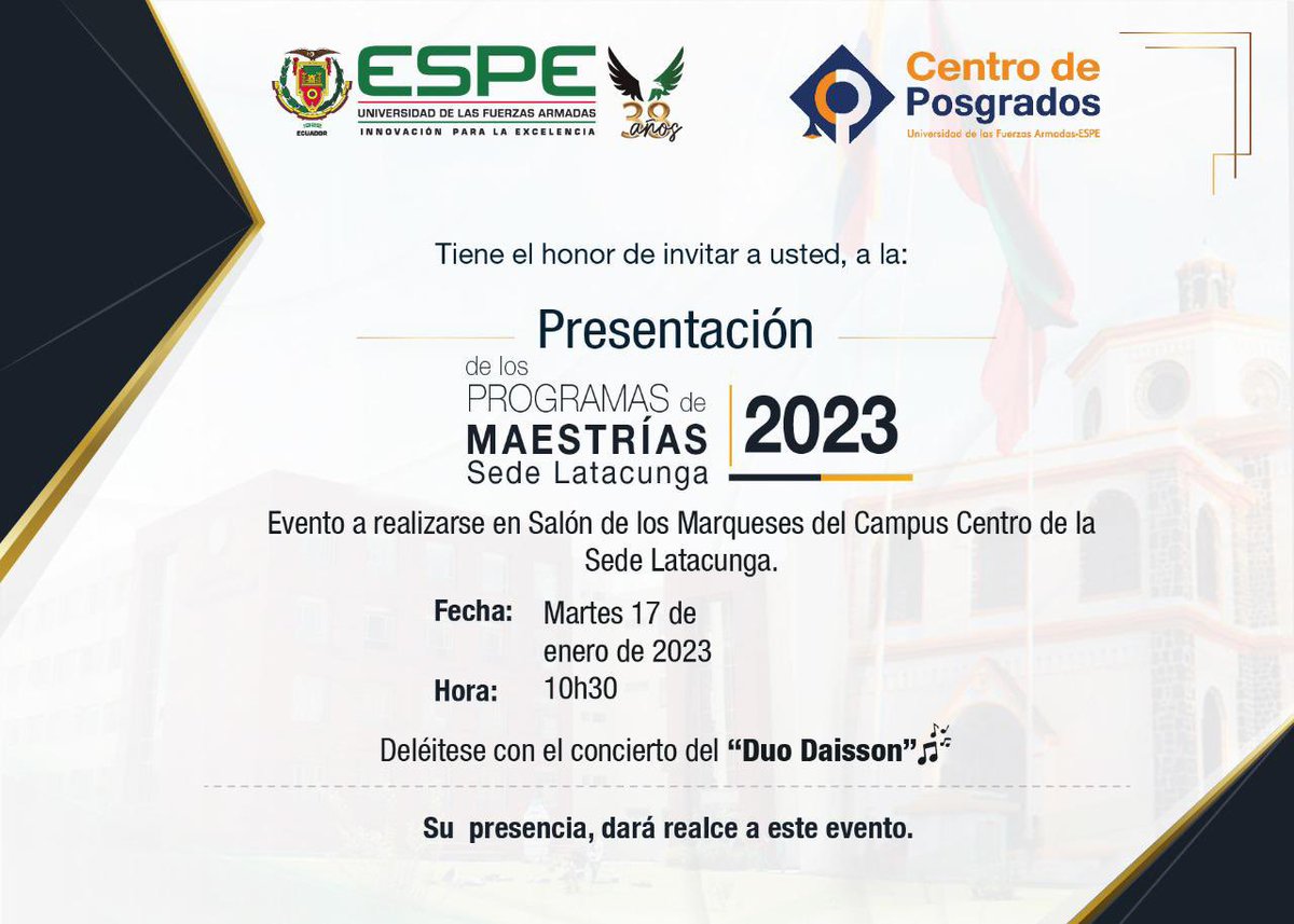 👨‍🏫 Invitación Programas de Maestría 👨‍🏫 #YoSoyESPE #MaestriasESPE #PosgradosESPE #Latacunga Información Maestrías: 096 370 9264
