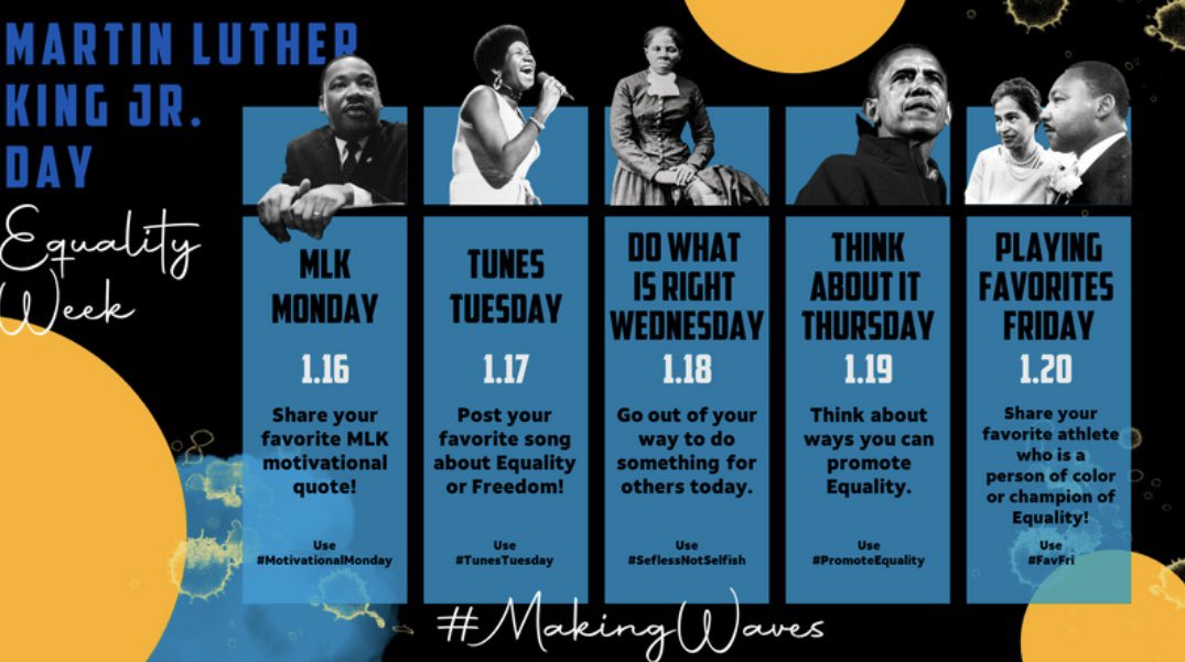 GreaterLakesMkt's tweet photo. In honor of MLK, we invite everyone to participate in a #EqualityWeek 👏
Today, post your favorite quote from the man himself! Be sure to tag us and use #MakingWaves 🌊 https://t.co/E0XpsydUhT