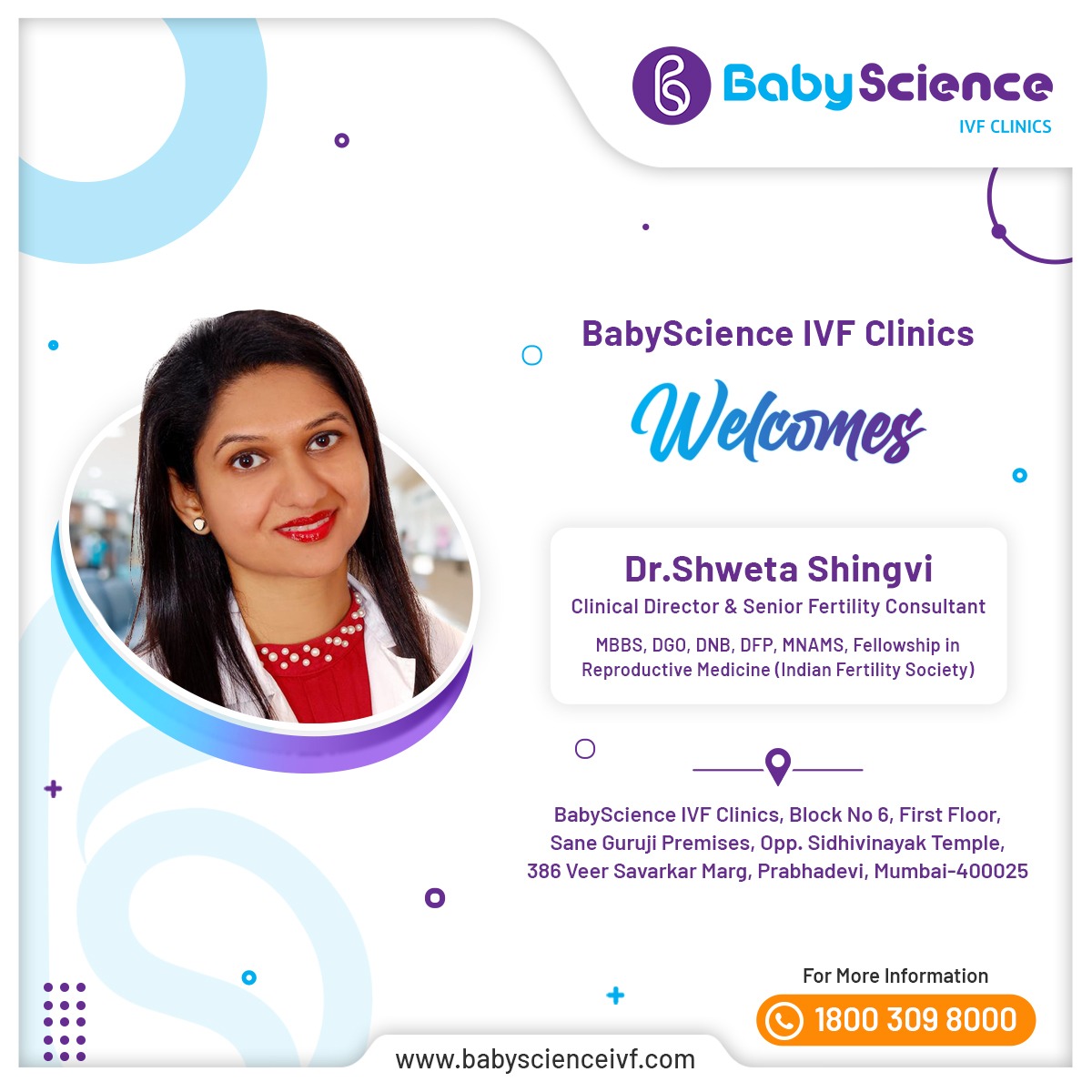 BabyScience_IVF's tweet photo. BabyScience IVF Clinics welcomes Dr. Shweta Shingvi, Clinical Director, and Senior Fertility Consultant to our Mumbai center. 

For more information or to book appointment with doctor, please call: 1800 309 8000
#babyscienceivf #ivfdoctor #ivfclinic #ivfmumbai https://t.co/U6xpAEM6DM