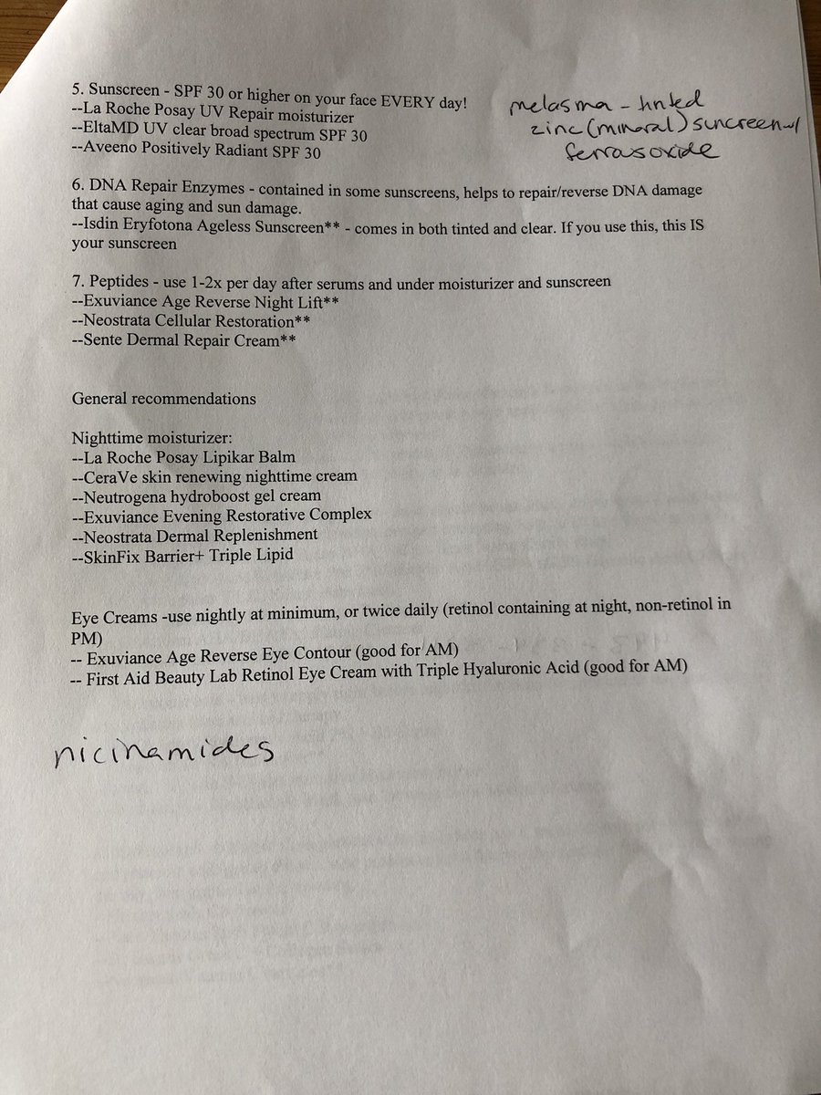 allisonoconn's tweet photo. In the name of not gatekeeping information, here’s the skincare routine printout I came across on my dermatology rotation. I wish I could give credit to the dermatologist who wrote it but I don’t know who it was!! https://t.co/F3vD9dP8F3