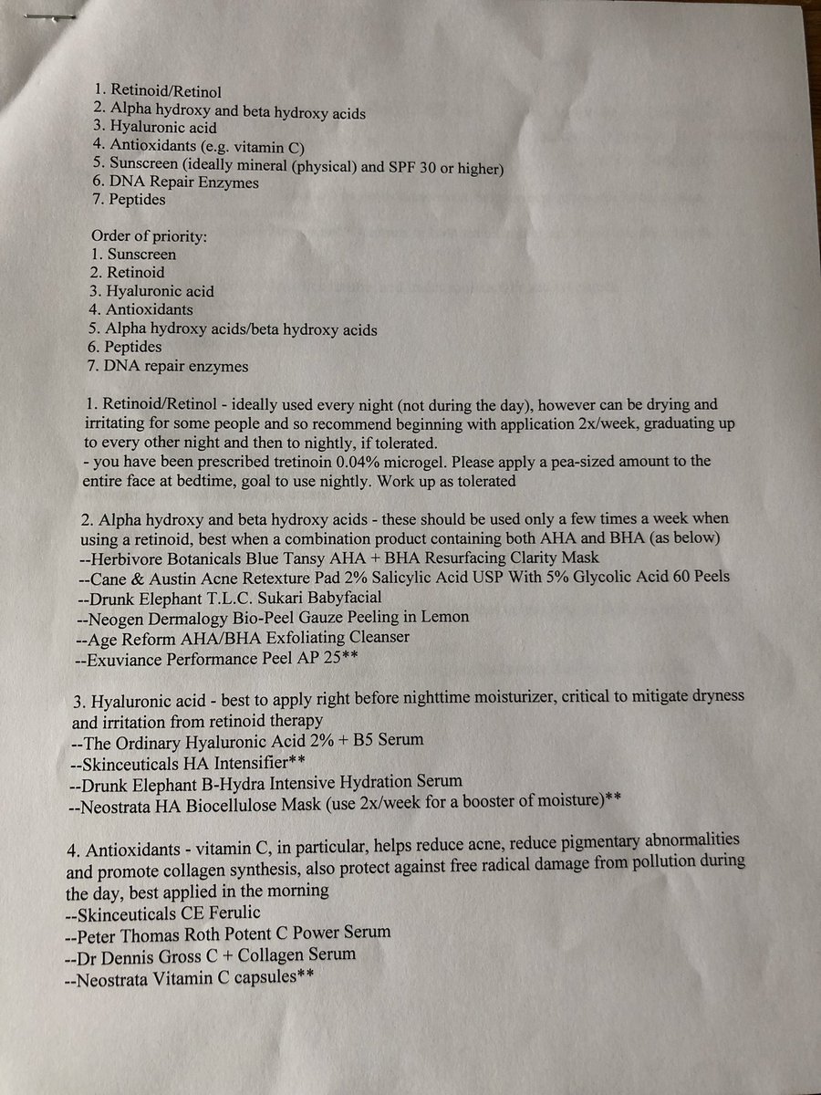allisonoconn's tweet photo. In the name of not gatekeeping information, here’s the skincare routine printout I came across on my dermatology rotation. I wish I could give credit to the dermatologist who wrote it but I don’t know who it was!! https://t.co/F3vD9dP8F3