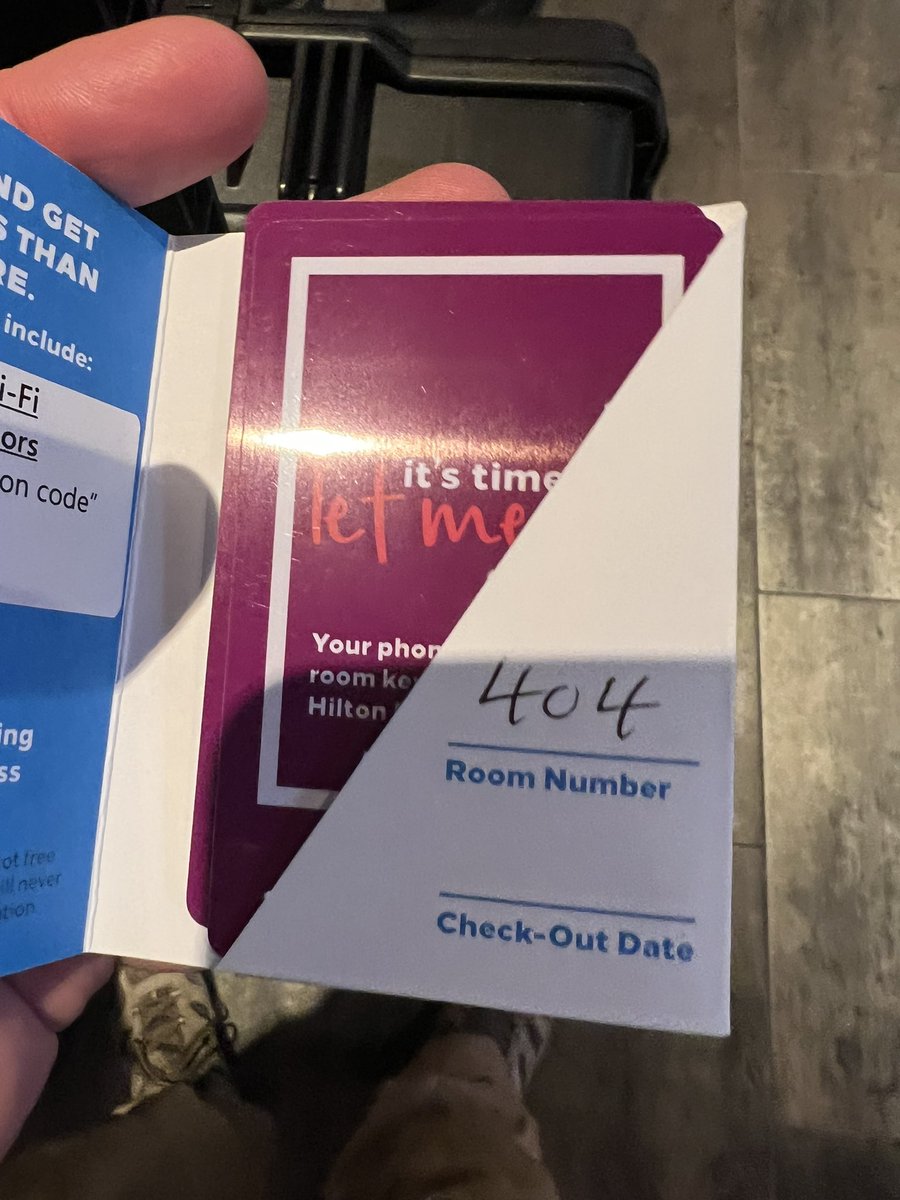 FutureCritter's tweet photo. Two cons in a row, same room number. Someone is clearly using a hashing function which uses my name as an input #Room404 https://t.co/aED3m2Gb0W