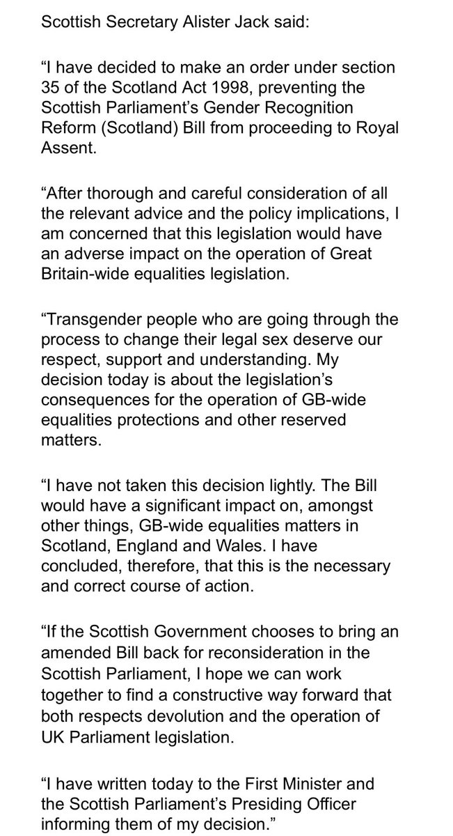 BBCPhilipSim's tweet image. Scottish Secretary says UKgov is using a S35 order to block a Holyrood bill (for the first time) due to concerns that the gender reforms would have “an adverse impact on the operation of Great Britain-wide equalities legislation”