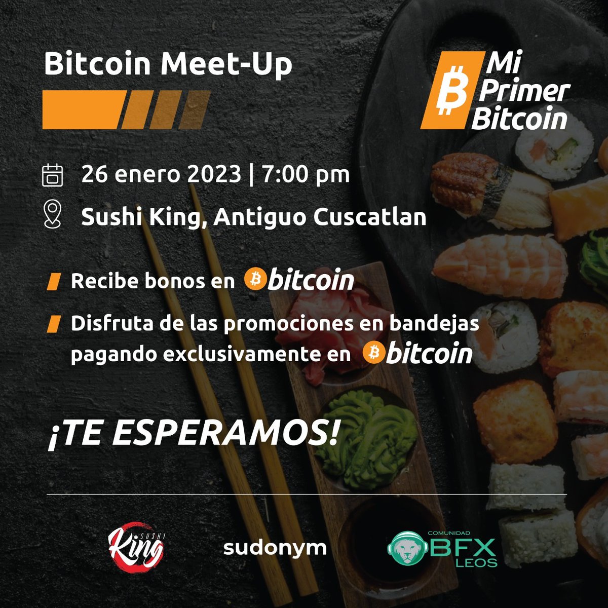 MyFirstBitcoin_'s tweet image. Habemus Meet-Up! 🙏🪩🎉🎆

Este jueves 26 de enero en Sushi King. 

Tendremos promociones y descuentos al pagar con #Bitcoin y más sorpresas!

Con el apoyo de @sudonym_app &amp;amp; @BFXLeosESP