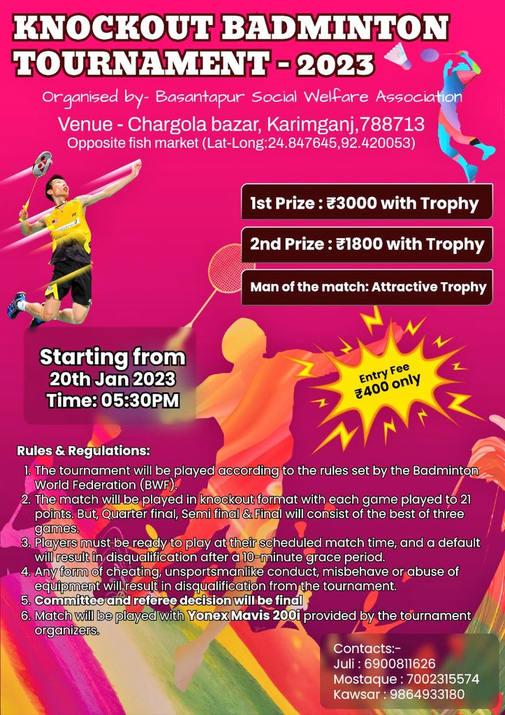 SWAkarimganj's tweet photo. Social Welfare Association is going to Organize a Knockout Badminton Tournament in Karimganj District , All Badminton Lover and Player are requested and invited to Join us 
#Badminton #BlueMonday https://t.co/eAyrCGbl4h