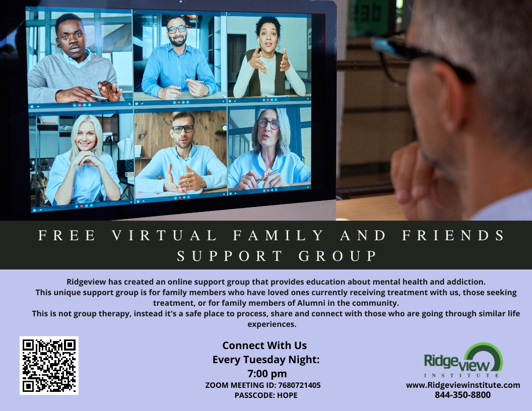 RidgeviewInsti1's tweet photo. What are you doing on Tuesday nights? Join us for our virtual support group for family &amp; friends. We've created this space for you to process &amp; connect with others. You are not alone.

#RidgeviewCares #Free #SupportGroup #MentalHealth #Help #VirtualHelp https://t.co/6lyO8X3bqK