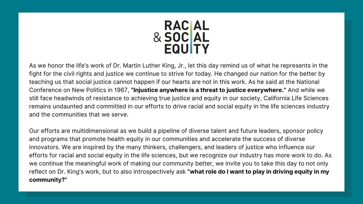 CLSequity's tweet photo. An #MLKDay message from @CALifeSciences Racial and Social Equity. Learn more about our work: https://t.co/oBthyLgSta #WeCommitToChange https://t.co/vw2rHJ5T5x