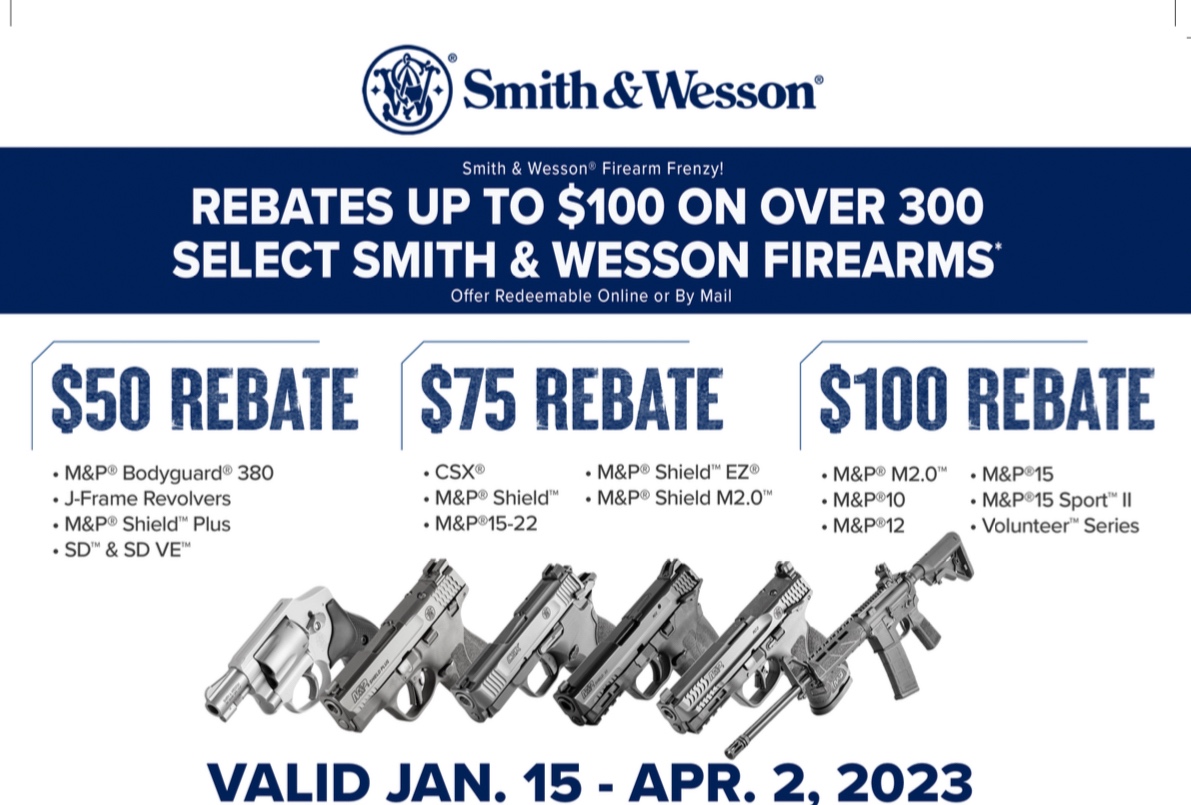 HFFTraining's tweet photo. Awesome rebates available from Smith and
Wesson until April 2, 2023.
CA Compliant Models eligible:
$50 rebate - SDVE and J-Frame revolvers
$75 rebate - MP Shield, MP 15-22
$100 rebate - MP 15 Sport II
Contact us for more information.
*No firearm sales on this page https://t.co/s2gfkclU3r