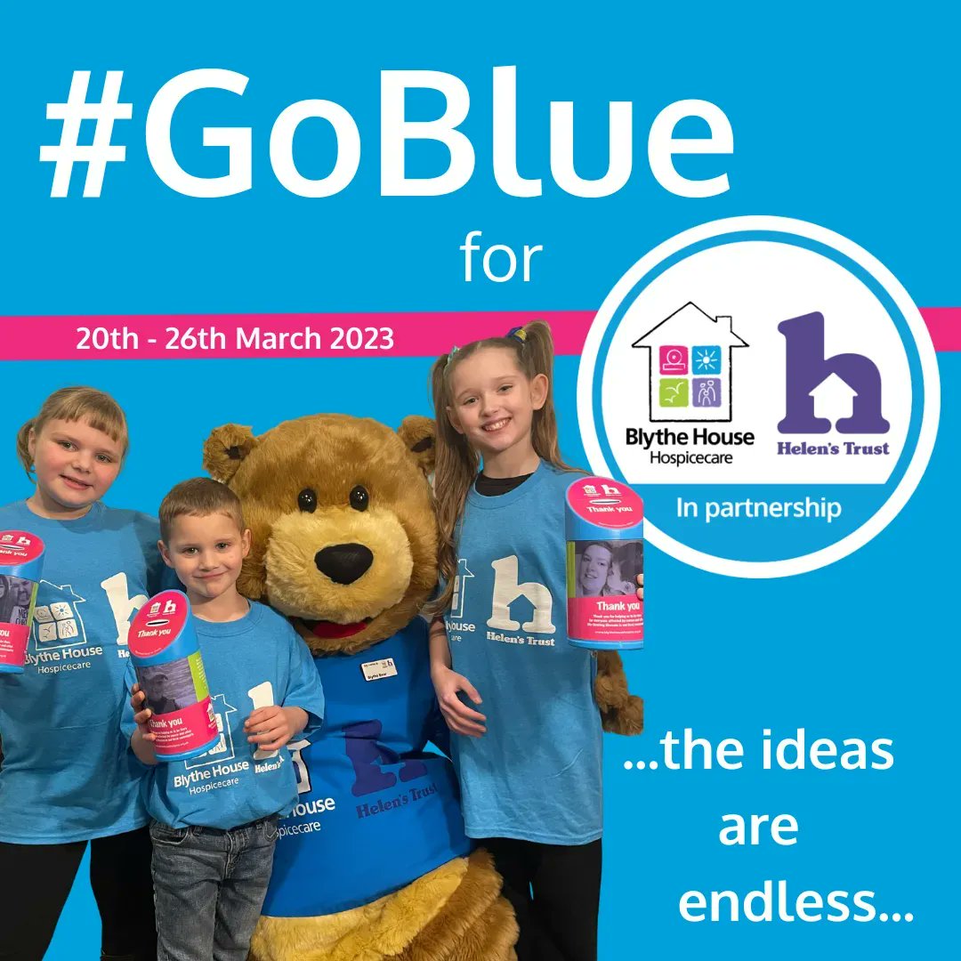 We are excited to announce the annual launch of #GoBlue coming this March! 💙
From the 20th-26th March 2023, you can support us in 'going blue' to fundraise for your local hospice! The ideas are endless! 
For more please contact: fundraising@blythehouse.co.uk 😊
 #hospicecare