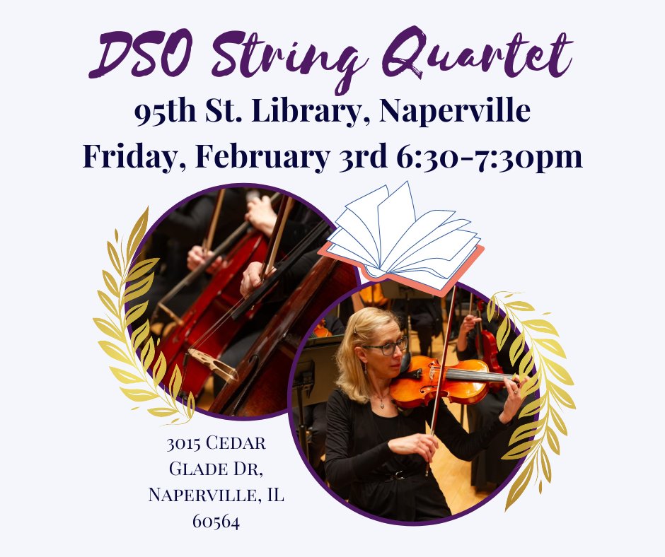 Save the Date! FREE mini-concert featuring the DSO's String Quartet. Musician Q &amp; A, instrument demos, and a raffle for FREE tickets to our February 11 concert.

Join us for light classical music in a casual and fun setting. Great for kids!

#free #kidfriendly #dupagesymphony