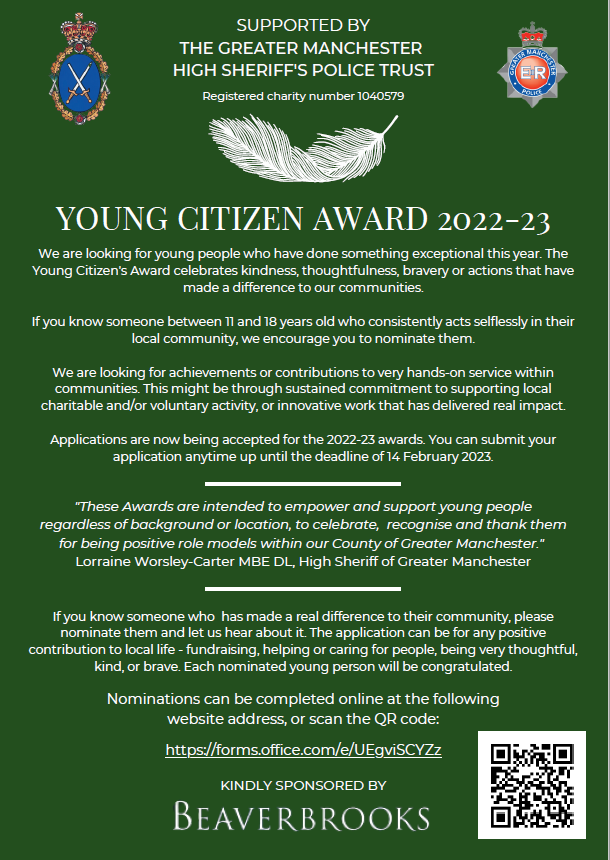 GMCC_Lewis's tweet photo. It is fantastic to see that the Young Citizen Award 2022-23 is now open for nominations. Supported by the Greater Manchester High Sheriff's Police Trust this is an amazing opportunity to recognise exceptional young people in our region. Nominations close on 14/02! https://t.co/Xw5NbbLRbO