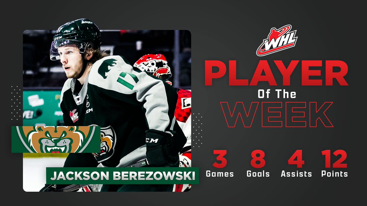TheWHL's tweet photo. Three games, eight goals, 12 points.

@WHLsilvertips captain Jackson Berezowski is the WHL Player of the Week!

📰 | https://t.co/4IPd01tlNy https://t.co/n9rllr6fC1