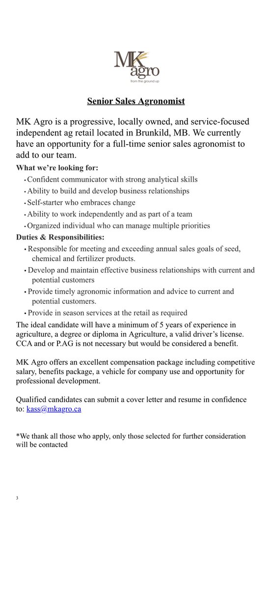 MK agro is looking to add another member to their fun, knowledgeable, hardworking team. We’re hiring a full time sales agronomist. Please see job posting for details #agriculture