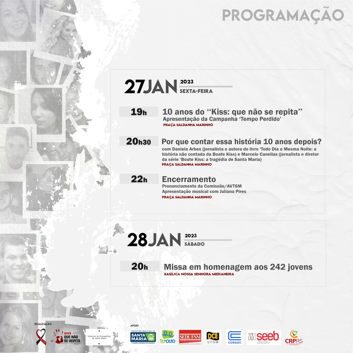 assufsm's tweet photo. ⚠ BOATE KISS: Confira a íntegra da programação relativa aos dez anos da tragédia de Santa Maria

📌 Veja: https://t.co/nbVB6TMPMF

#kiss10anos #kissquenaoserepita #tragediakiss #sindicalismo #assufsm https://t.co/4QGrENfORC