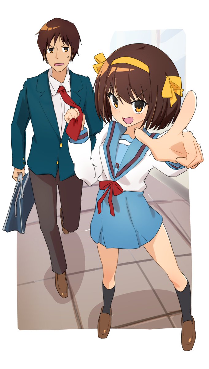 kyon ,suzumiya haruhi 1girl kita high school uniform 1boy school uniform brown hair skirt sailor collar  illustration images