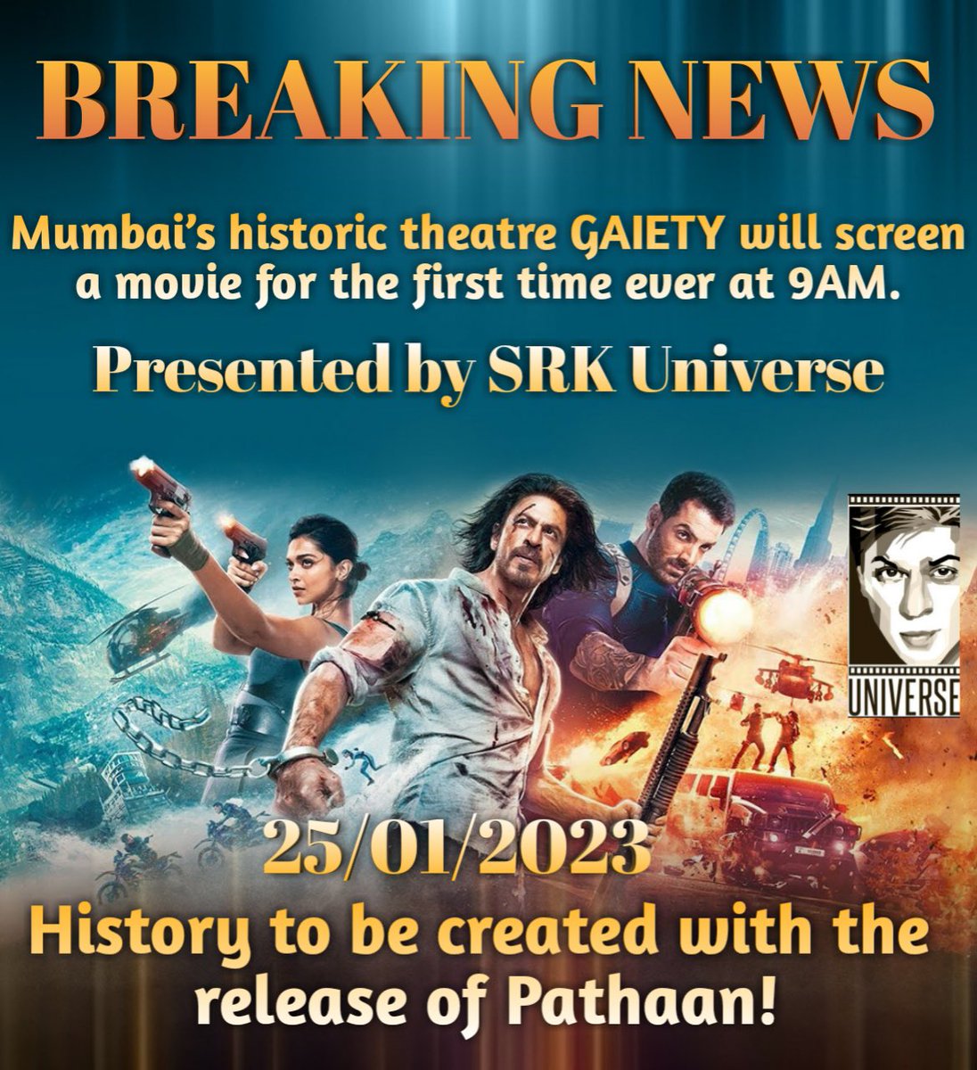 BOWorldwide's tweet photo. #Exclusive: For The First Time In History Of Indian Cinema, Mumbai’s Iconic Theatre Gaiety is All Set To Release A Movie At 9 AM On First Day, Its PATHAAN Mania!
#Pathaan #Pathan #SRK #ShahRukh #ShahRukhKhan #DeepikaPadukone #JohnAbraham @SRKUniverse 

https://t.co/XCQBT0ZCmt https://t.co/6ir93aBu5w