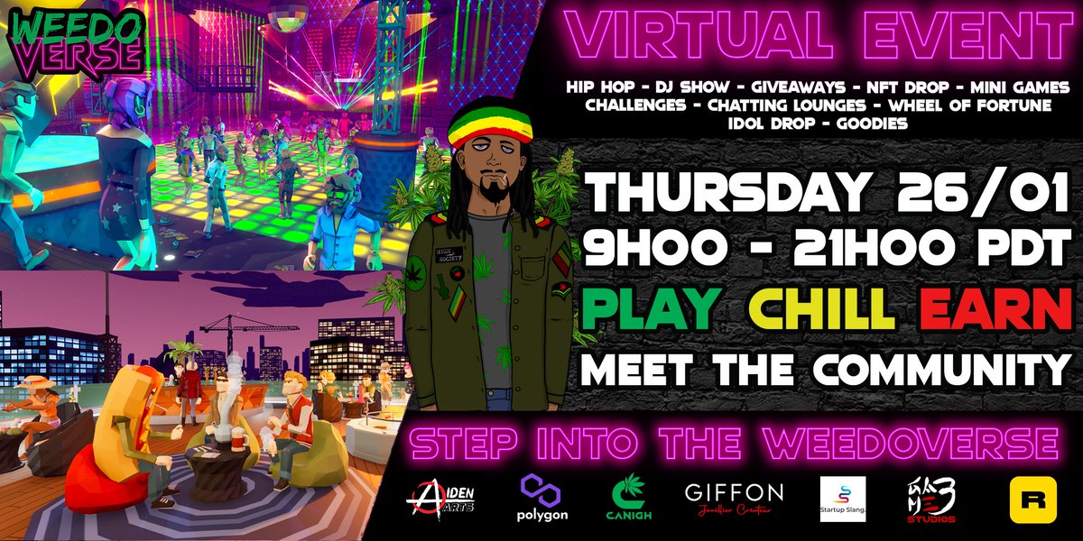Get your Free WeedoVerse Virtual Event tickets😍
Try your chances to win a 1000$ USDC cash prize as well as many other gifts and goodies while meeting our
awesome partners!🥳
eventbrite.com/e/first-step-i…

#NFT #cannabis #weed #nftutility #P2Egaming #Blockchain #crypto #Virtual #Event
