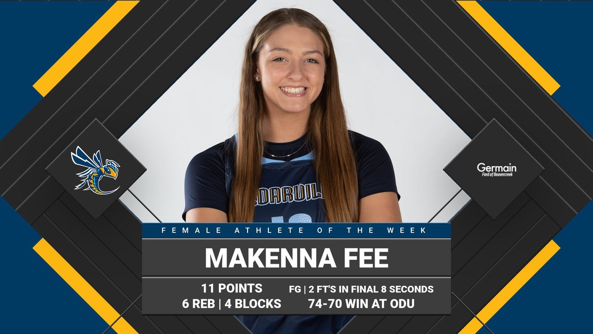 CONGRATS! The <a href="/germainfordbcrk/">Germain Ford Bcrk</a> "Female Athlete of the Week" (Jan. 8-14) is <a href="/CedarvilleWBB/">Cedarville WBB</a> senior <a href="/FeeMakenna/">Makenna Fee</a>! MORE INFO: bit.ly/3HaykV9
11 pts | 6 rebounds | career-high 4 blocked shots | 74-70 win at Ohio Dominican | 
🏀 #BackTheJackets | #ForHim 🙏