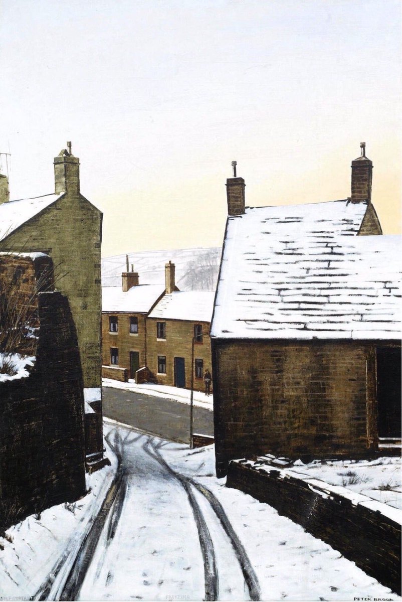 PennineThe's tweet photo. With temperatures returning to below zero this week here’s Peter Brook’s ‘Self Portrait - Freezing’, an enigmatic view of Holmfirth with the easy to miss isolated figure standing on the pavement the only sign of life on what was clearly a very cold day. (Sold by Bonhams in 2016) https://t.co/l7MT5R4jhT