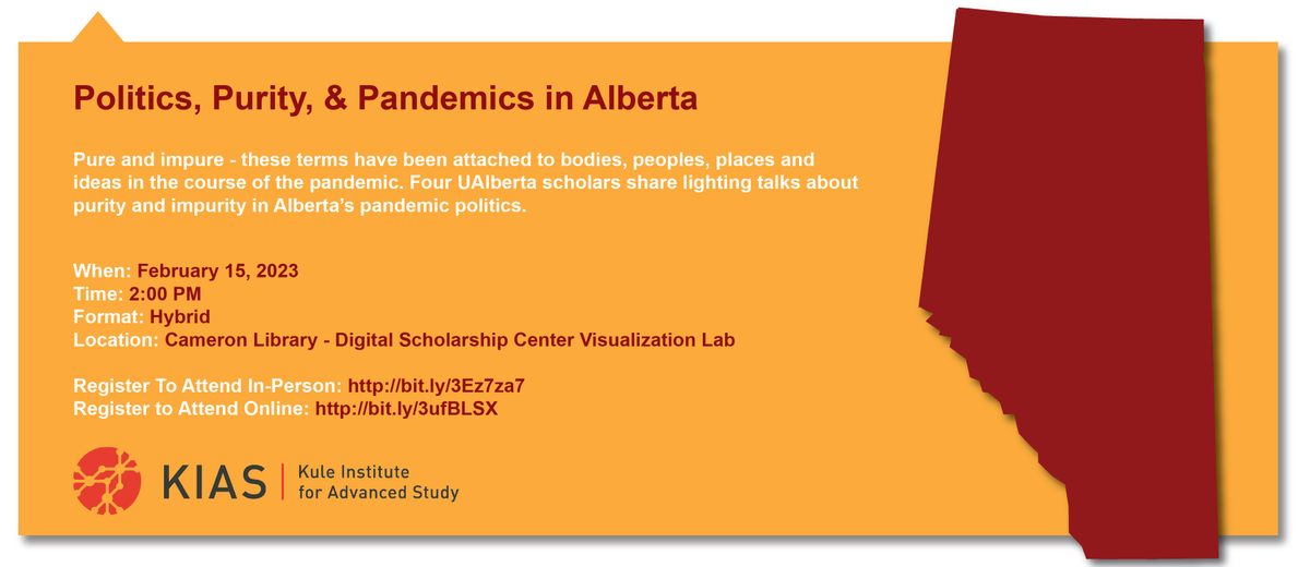Join the Kule Scholars on February 15 at 2pm in the UAlberta <a href="/Cameron_Library/">UA Cameron Library</a> Digital Scholarship Center for "Politics, Purity, &amp; Pandemics in Alberta" a lighting talks with 4 <a href="/UAlberta/">University of Alberta</a> researchers.

To learn more &amp; register visit: ualberta.ca/kule-institute…