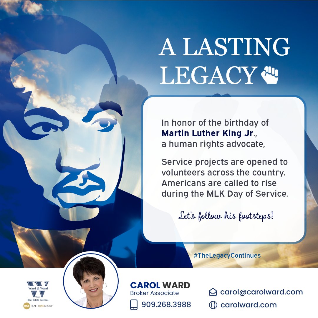 CarolWardBroker's tweet photo. The footsteps King left behind are a call to action for Americans to celebrate by serving others, no matter their color. Here's to being united in the next years to come! #Claremont #Upland #RanchoCucamonga #WardandWardTeam #carolwardbroker #Realestate #RealtyOneGroupWest https://t.co/qzpDzeZzgG