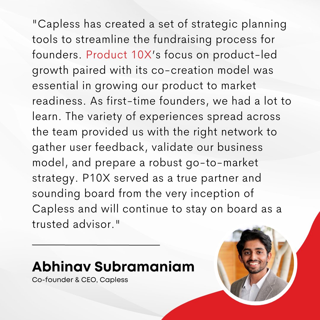 product10x's tweet photo. Another glowing testament to the fact that our unique "Co-creation" model is highly effective and beneficial for #Founders. 

Hear what Abhinav Subramaniam, Co-founder &amp; CEO of Capless, had to say about working with Product10x.

#product10x #startup #testimonial #portfolio https://t.co/35UcX4K5hk