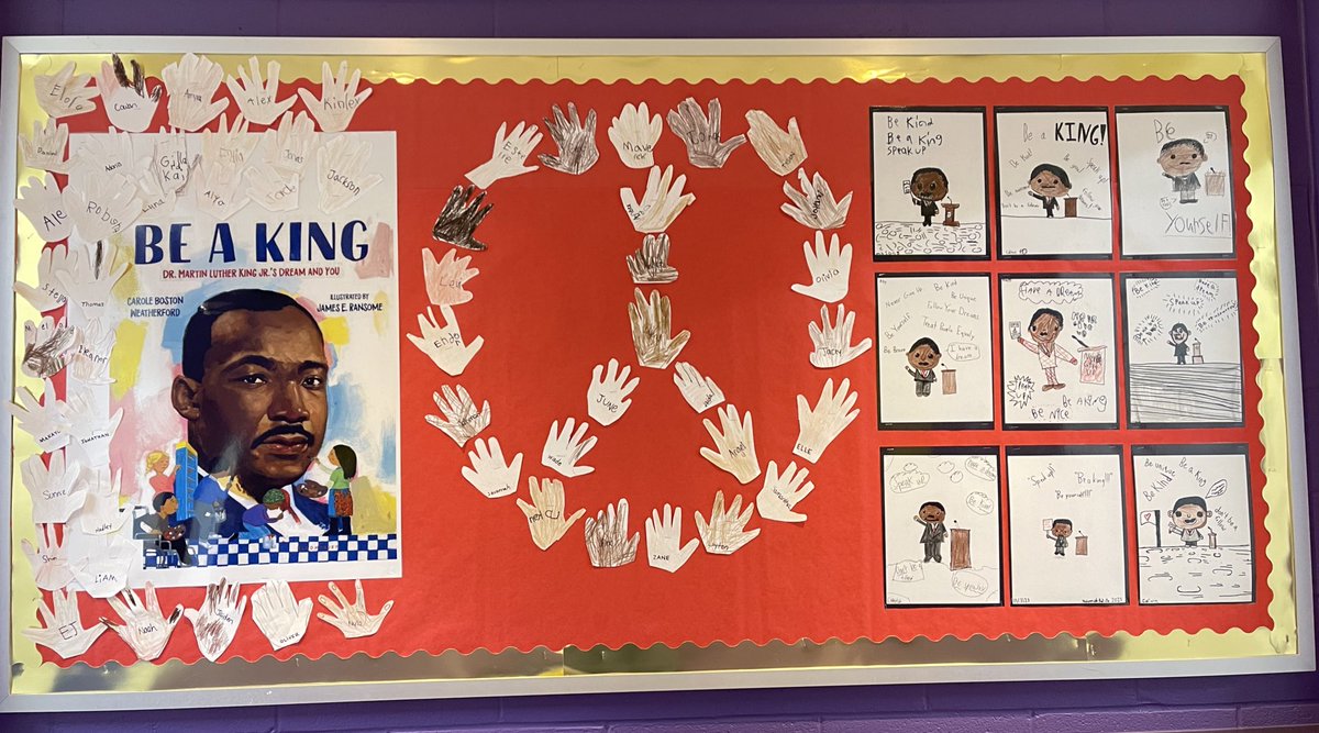 LangstonLMS's tweet photo. Honoring #MartinLutherKingJr at @LuxfordES. Kinders &amp; 4th graders heard “Be a King” by @poetweatherford this week and added to the library’s #MLK display that will stay up for all of #BlackHistoryMonth @nprj2010 @sarateach77 @MsFallejo @vbschools @VBTitleI @BerniceKing https://t.co/2DrYLuwXJU