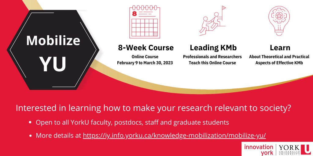 KMbYork's tweet photo. Interested in learning more about Knowledge Mobilization? Apply for our 8 week online #MobilizeYU course starting February 9. Free for all #YorkU faculty, postdocs, grad students and staff. Learn more at https://t.co/ZDQOxcuUbY https://t.co/43KP5uMnzf