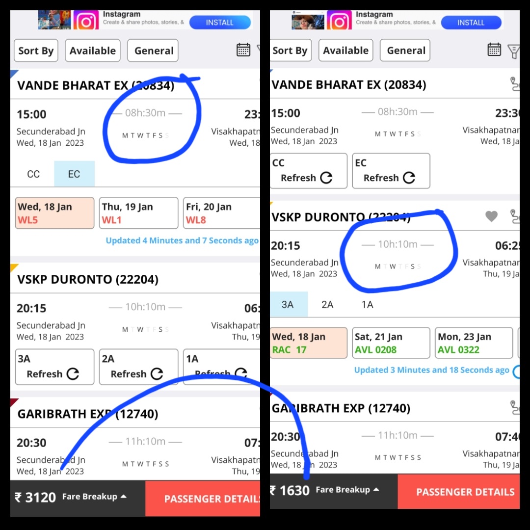 Rahul_Parcha's tweet photo. @IRCTCofficial @narendramodi @PMOIndia in 1st case for a time diff of 19mins paying extra of Rs.1040 and in 2nd case for diff of 1.40mins paying almost double charges. Same A/C coach facility.Why that much huge publicity for this train sir. Try to run existing trains in time. https://t.co/9RMWAnEjAj
