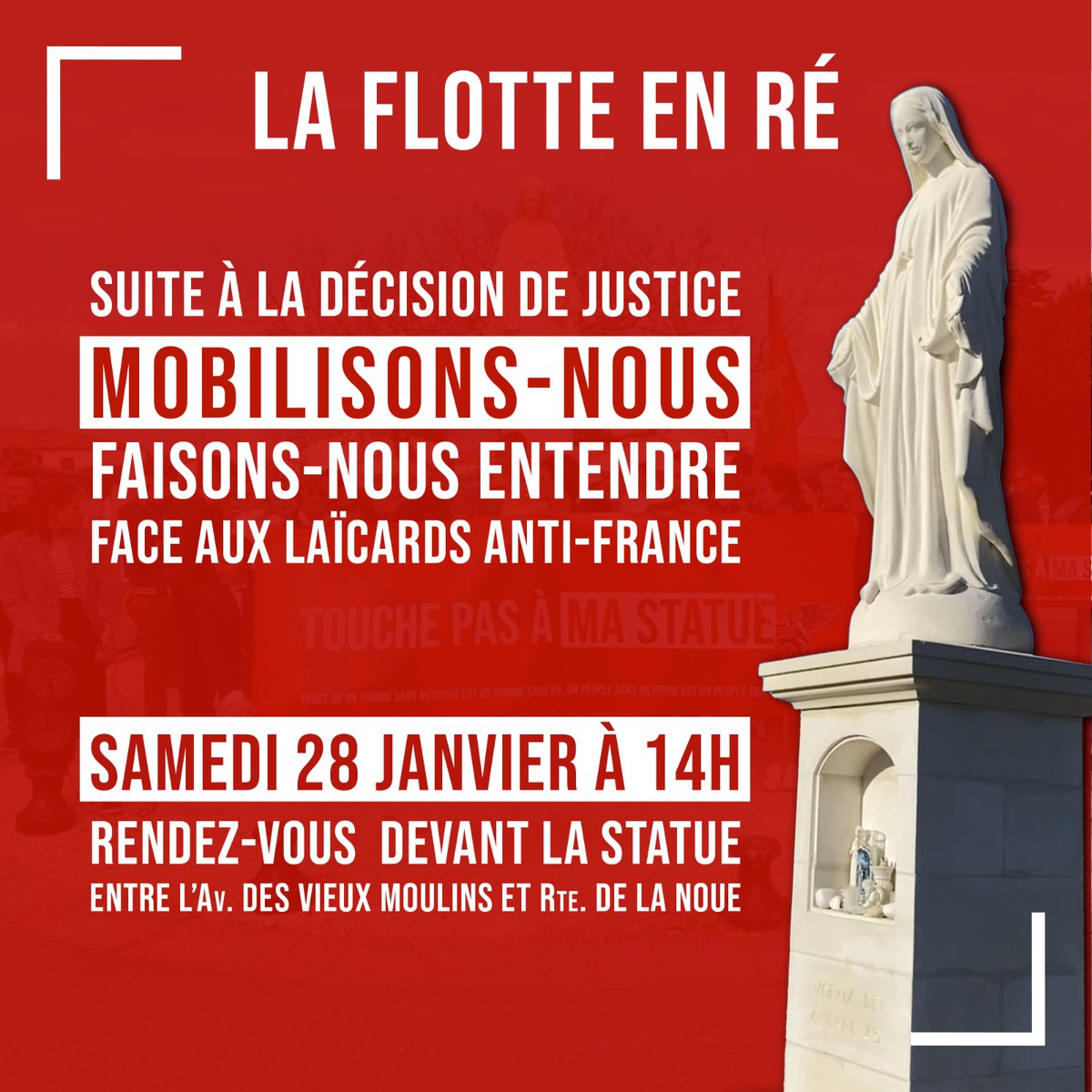 🔴🖊️ j'ai signé la pétition : Sauvons la statue de la Vierge de La Flotte en Ré !

Ne laissons pas faire les laïcards fanatiques et lâches qui s'attaquent à notre héritage chrétien.

Signez 👉🏼change.org/p/tribunal-adm…
Et RDV 🗓️ le 28/01 !
#IleDeRe #ViergeMarie #TouchePasANosStatues