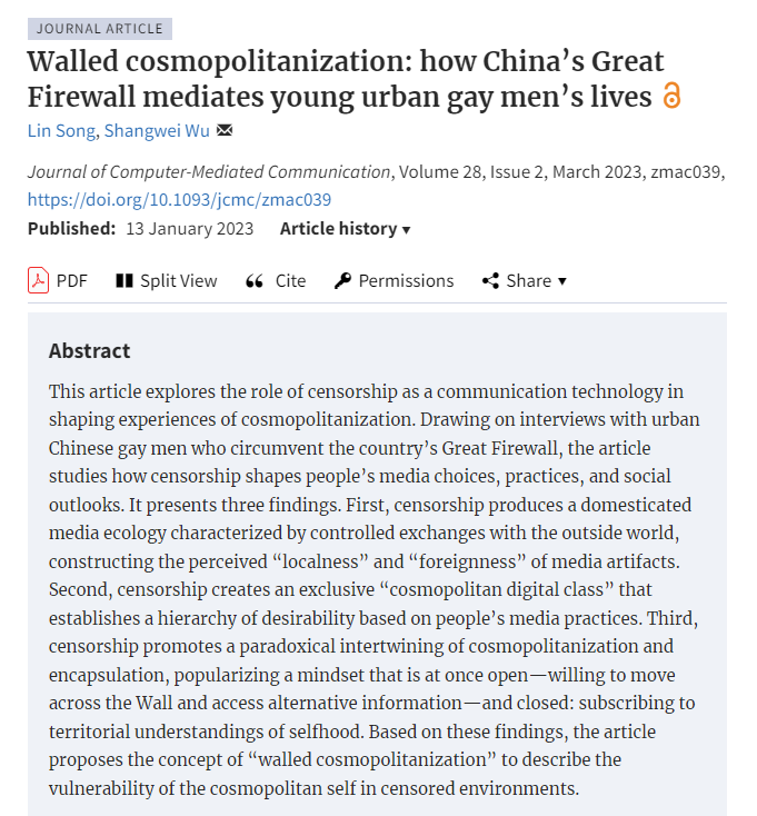 Introducing the newest #jcmc publication “Walled cosmopolitanization: how China’s Great Firewall mediates young urban gay men’s lives” by Lin Song and Shangwei Wu. Read it here: doi.org/10.1093/jcmc/z…