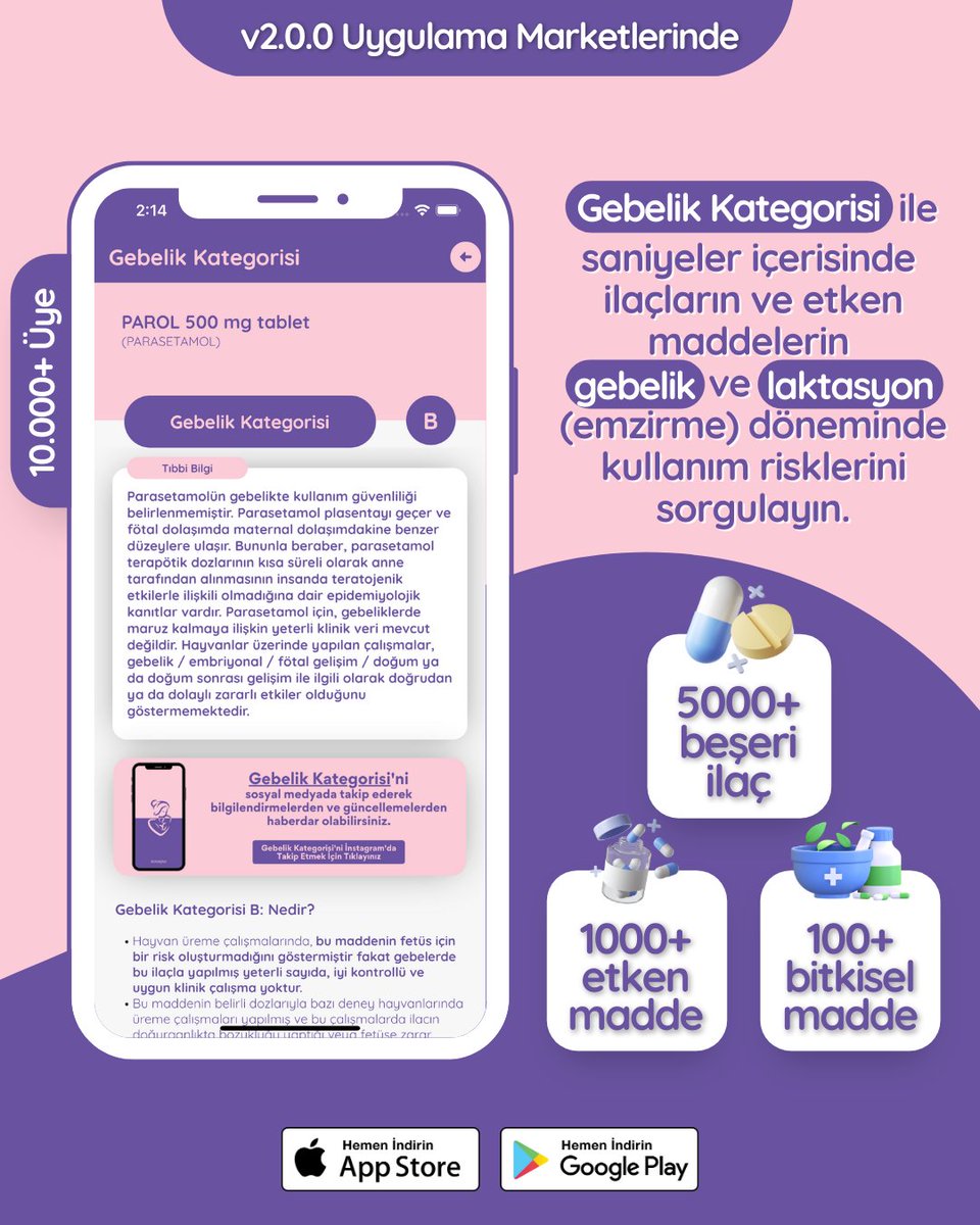 Gebelik Kategorisi 2.0 sürümü uygulama marketlerinde. 

Yeni sürümde 5.000+ ilaç ile (jenerik isim) gebelik kategorisi ve laktasyon (emzirme) durumu sorgulaması yapabilirsiniz.

Gebelik Kategorisini indirmek için; linktr.ee/GebelikKategor…