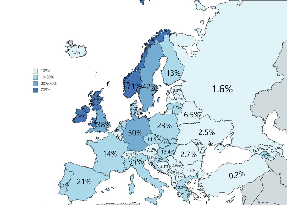 Map showing the diaspora in America of each European country in relation to the country's population.