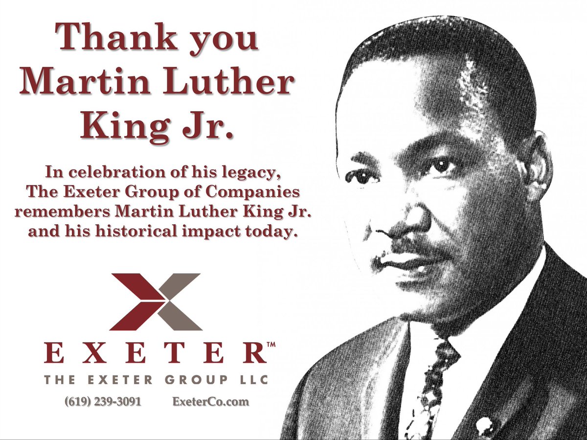 TheExeterGrp's tweet photo. In celebration of his legacy, The Exeter Group of Companies remembers Dr. Martin Luther King Jr. and his historical impact today.

#TheExeterGroup #Exeter1031 #ExeterTrust #ExeterAssetSvcs https://t.co/mOmVqJ2Zoc