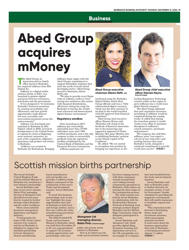 mMoneybb's tweet photo. The recent acquisition of mMoney by #AbedGroup is set to revolutionize the digital finance environment in #Barbados 📈

This strategic move will allow #mMoney to build on its existing infrastructure to offer more advanced digital solutions to our customers 🪪

Read more 👇 https://t.co/HYkLCkuSXu