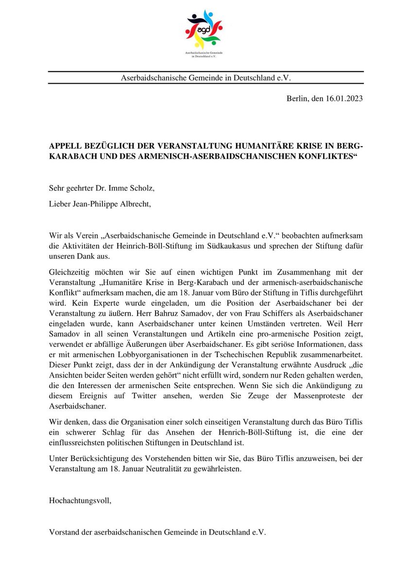 Wir denken, dass die Organisation einer solch einseitigen Veranstaltung durch das Büro Tiflis ein schwerer Schlag für das Ansehen der Henrich-Böll-Stiftung (<a href="/BoellStiftung/">Heinrich-Böll-Stiftung</a>) ist, die eine der einflussreichsten politischen Stiftungen in #Deutschland ist.