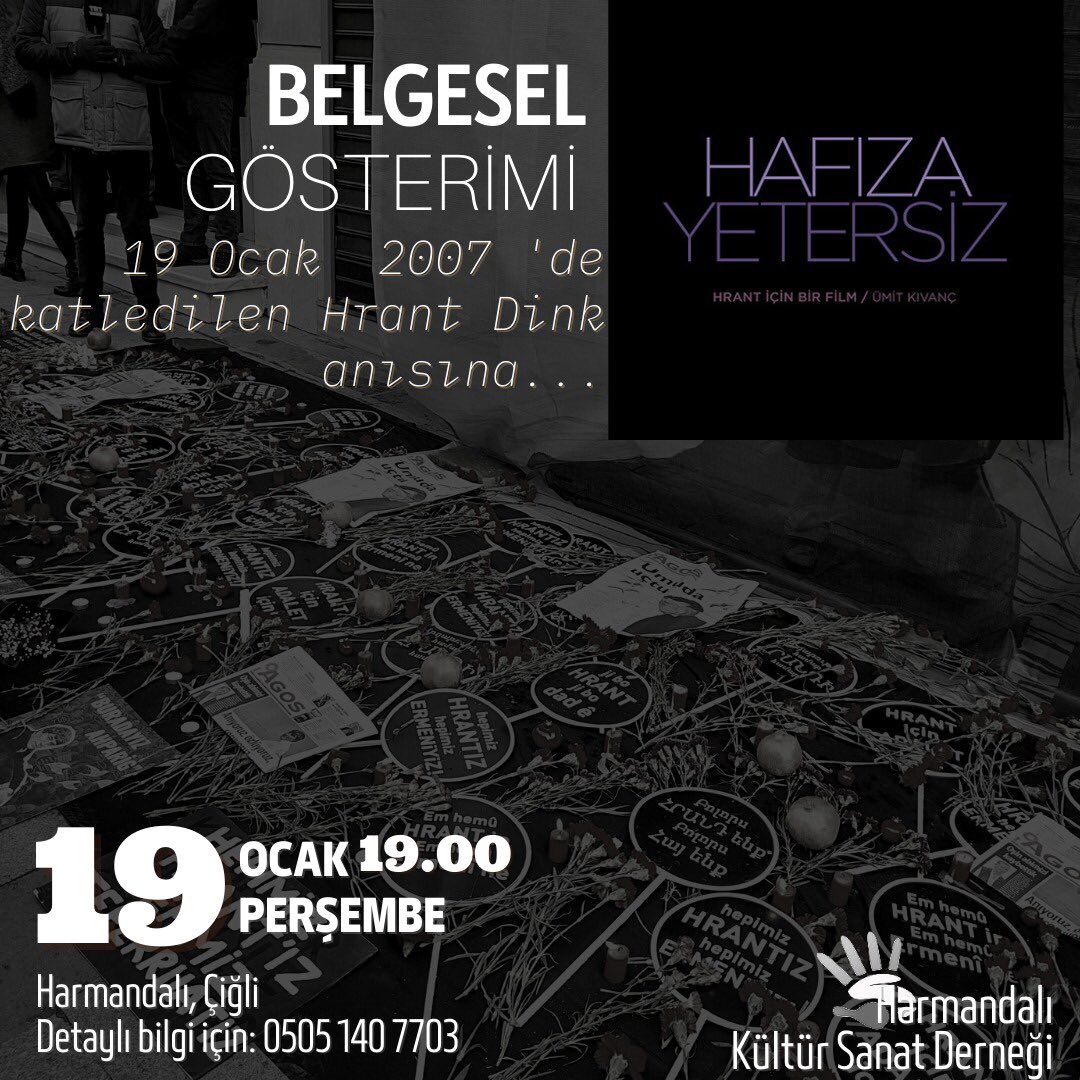 16 yıl önce Ocak 19’da katledilen #HrantDink’i anmak için Perşembe akşamı bir aradayız. 

Saat 19.00’da Ümit Kıvanç’ın yönetmenliğini yaptığı “Hafıza Yetersiz” belgesel gösterimine tüm dostlarımızı bekliyoruz. 

"Yaşamak bir ağaç gibi tek ve hür ve bir orman gibi kardeşçesine"