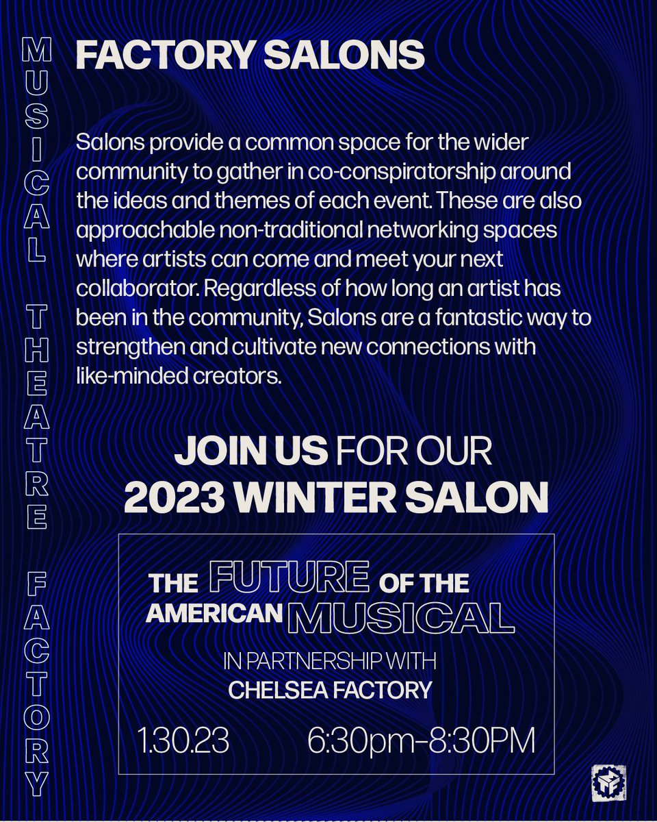 MTFmusicals's tweet photo. RSVP Link LIVE! Reserve ur spot for our 2023 Winter Salon: The Future of the American Musical in partnership with @chelseafactory.nyc in conversation with @pablohbasulto on 1/30 at 6:30pm. #MTFSalons #WinterSalon23 #NewMusicalDevelopment #MusicalTheatreFactory #NewWorks https://t.co/wVlB9j2NHj