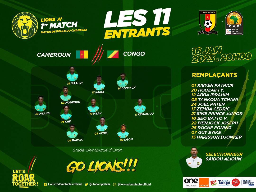 #CHAN2022 
 ✨#Cameroun🇨🇲 🆚 #Congo🇨🇬 
Le 11 entrant ... avec #Arthur_AVOM_08 et 
#Ibrahim_SAIDOU_18 

📆 16/01/2022
⏰ 20H00
🏟 Stade Omnisport d’Oran 

#FauveAzurElite 
#Tousderrierelesfayaboys 
<a href="/FecafootOfficie/">Fecafoot-Officiel</a> 
<a href="/LIndomptables/">Les Lions Indomptables Officiel</a>
#LETSROARTOGETHER